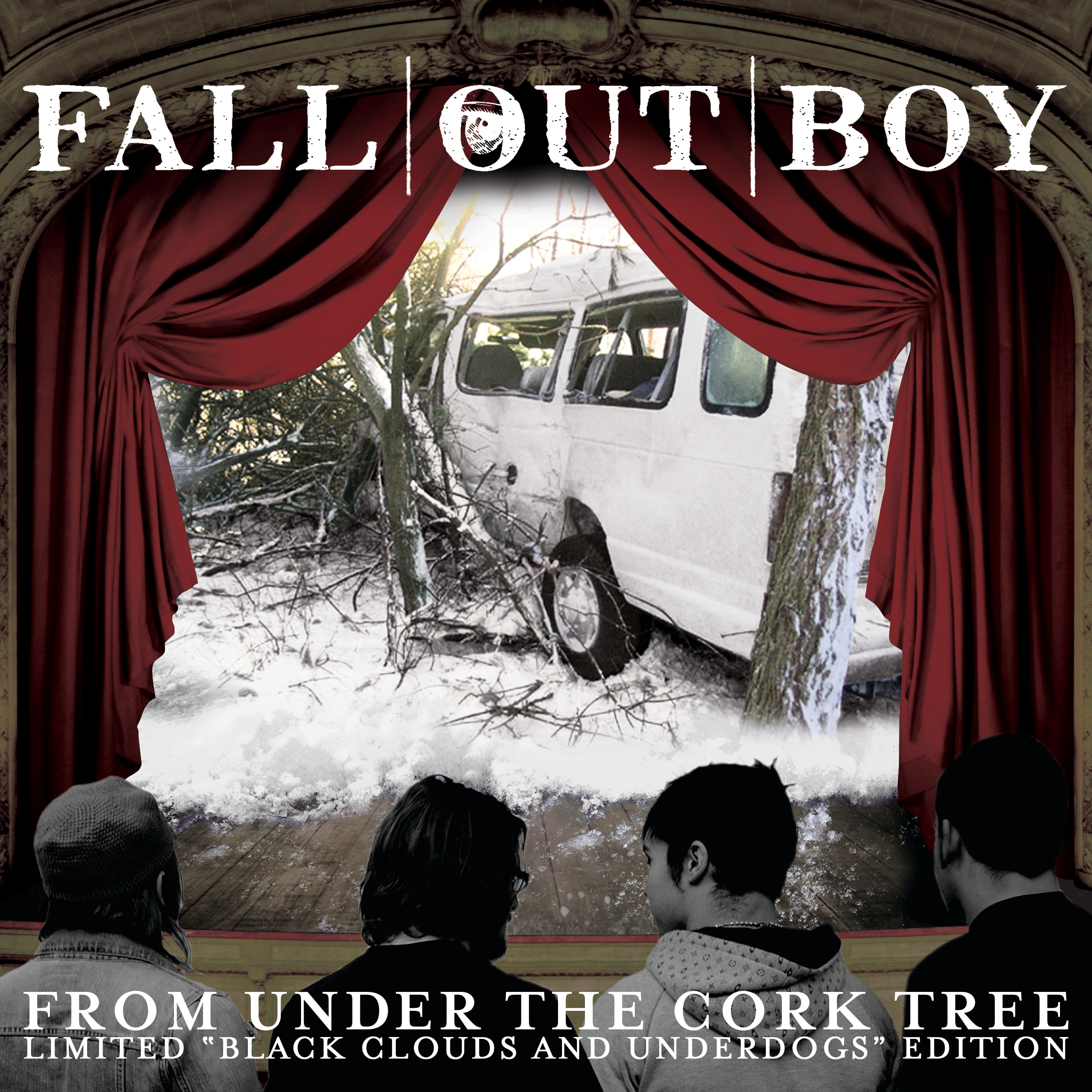 From Under the Cork Tree Tour Edition by Fall Out Boy; The backs of the band members in greyscale, a curtain is open showing a white car crashed into trees in the snow