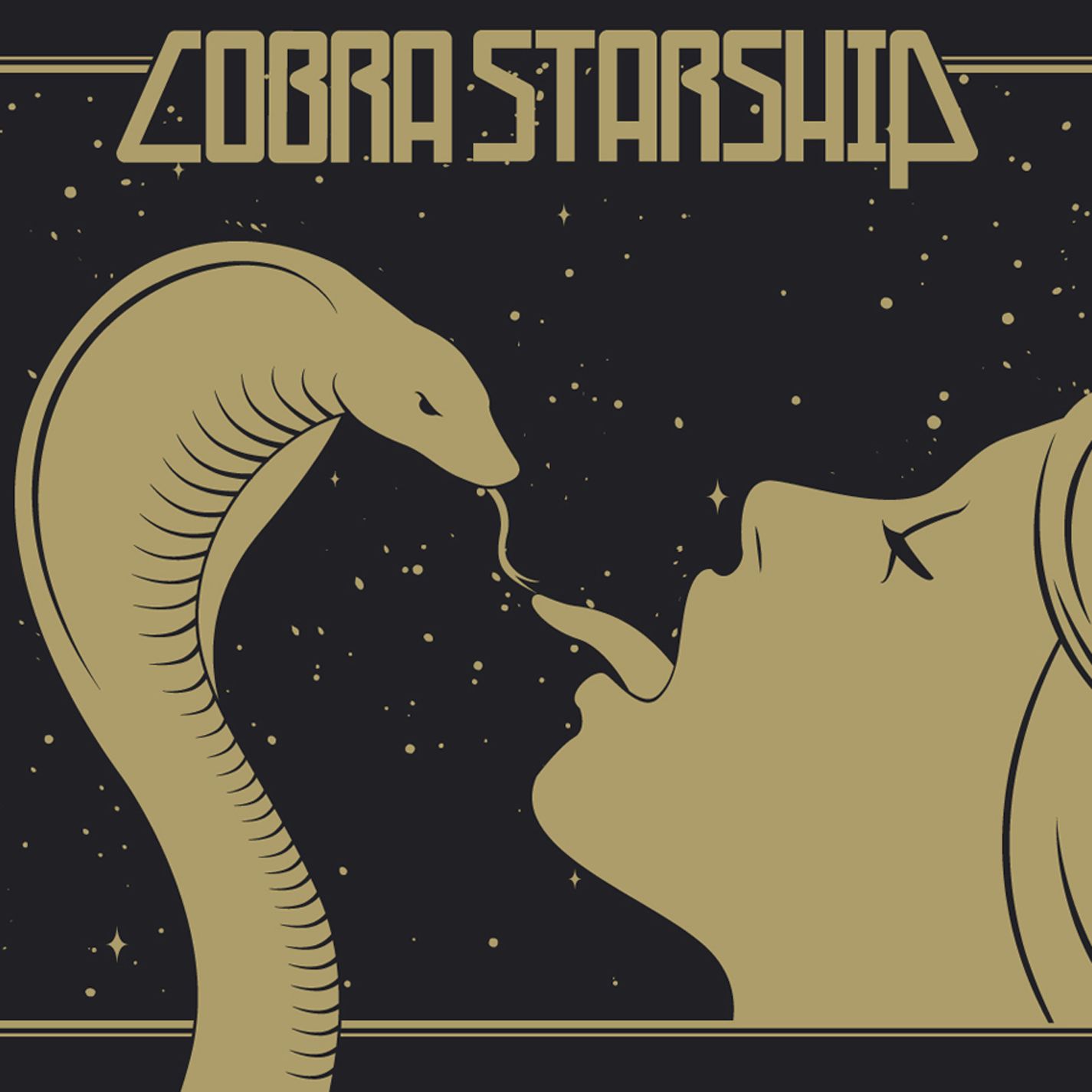 While the City Sleeps, We Rule the Streets by Cobra Starship; gold silhouette of a girl sticking her tongue out with a snack on a black, starry background